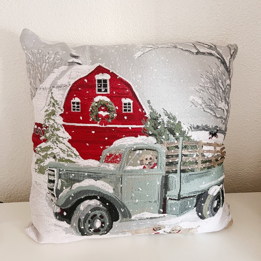 At Home Light Grey Winter Dog and Barn Decorative Throw Pillow